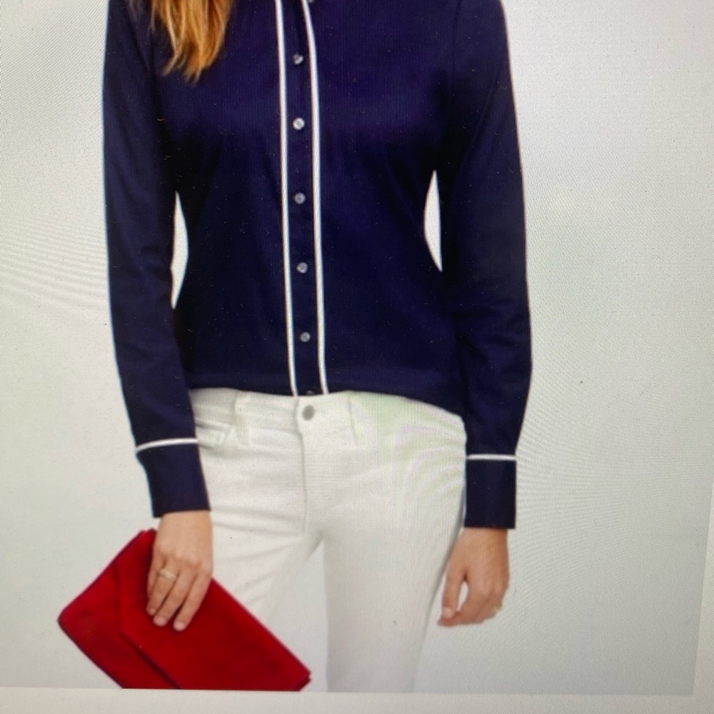 Navy button down blouse w/white piping